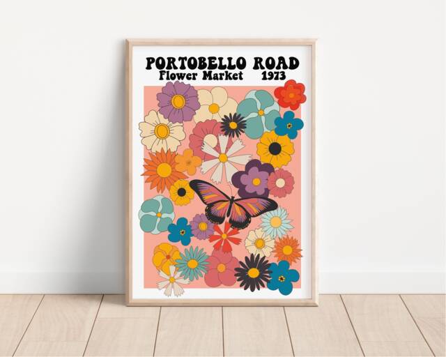 Portobello Road Flower Market Print - Colourful Retro Art, Groovy Floral, 1970S 1960S, Bright Bold, Hippie Flowers, London, On Trend Poster - image 1