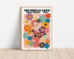 Portobello Road Flower Market Print - Colourful Retro Art, Groovy Floral, 1970S 1960S, Bright Bold, Hippie Flowers, London, On Trend Poster - thumbnail 1