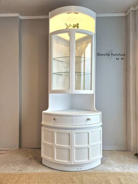 Tall Mid Century Modern White Corner Drinks Cabinet - Nathan Retro Cocktail Display Unit - image 1