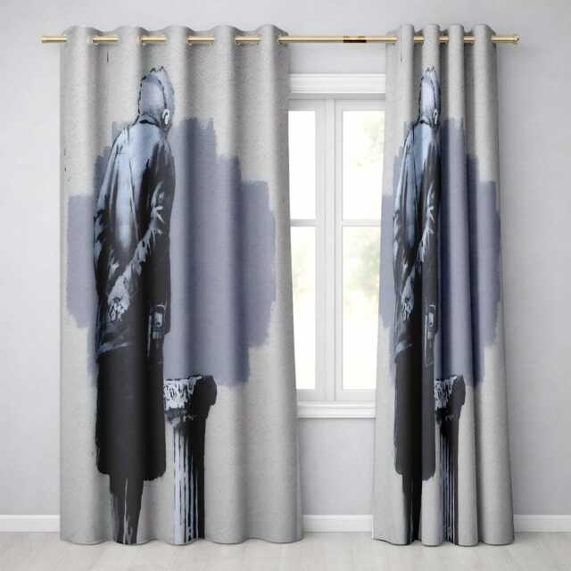 Elderly Woman Painting Grey Wall Urban Stencil Timeless Artwork For Bedroom Decor Readymade Eyelet Ring Top Thermal 100% Blackout Curtains - image 1