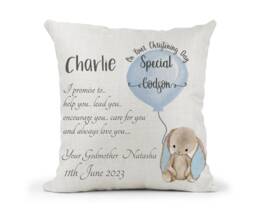 Personalised Godson Sweet Bunny Cream Cushion. Boys Christening Gift, Keepsake Gift, Bedroom Decor Gift - thumbnail 1