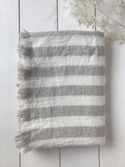 Soft Linen Beach Towel in Thick Beige White Stripes/Stonewashed Linen Beach Stripes/Beach Scarf/ - image 1