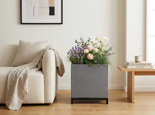 Textured Square Stone Planter With Stand Metal Base Mid Century Modern Plant Indoor Geometric Raised Urn Housewarming Gift - image 1