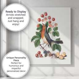 Vintage Robin Bird & Wild Strawberries Botanical Illustration Canvas Wall Art Print Decor Picture Ready To Hang - thumbnail 3