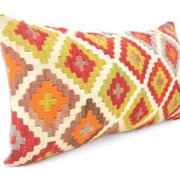 "Kilim Pillow, Wool Kilim Cousin From Anatolia, 30x60 cm, 12""x24" - thumbnail 2