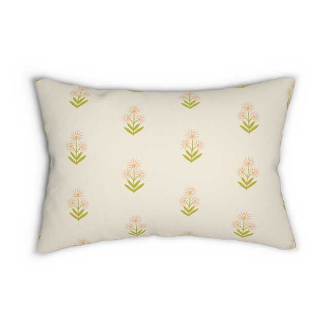 Lumbar Pillow, Boho Floral Block Print, Green Pink Cream, Nursery Decor, Flowers Decorative Bohemian Room Neutral Bedroom - image 1