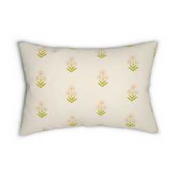 Lumbar Pillow, Boho Floral Block Print, Green Pink Cream, Nursery Decor, Flowers Decorative Bohemian Room Neutral Bedroom - thumbnail 1