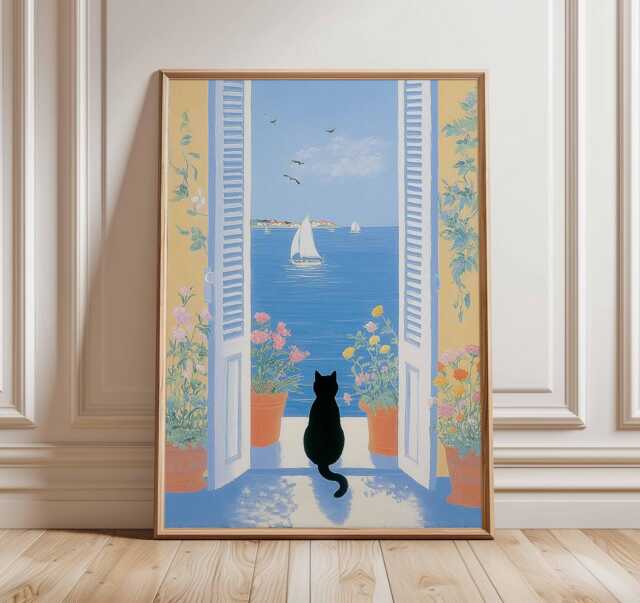 Black Cat Balcony View Art Print Poster, Coastal Illustration, Mediterranean Lover Wall Decor Unique Gift - image 1