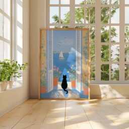Black Cat Balcony View Art Print Poster, Coastal Illustration, Mediterranean Lover Wall Decor Unique Gift - thumbnail 3