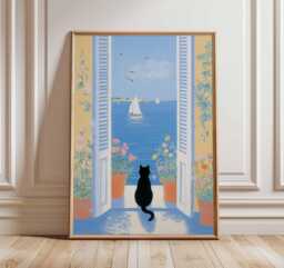 Black Cat Balcony View Art Print Poster, Coastal Illustration, Mediterranean Lover Wall Decor Unique Gift - thumbnail 1