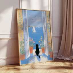 Black Cat Balcony View Art Print Poster, Coastal Illustration, Mediterranean Lover Wall Decor Unique Gift - thumbnail 2