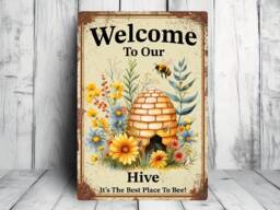Welcome To Our Hive Sign Vintage Metal Tin Plaque, Bee Wall Decor - thumbnail 1