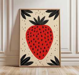 strawberry Poster, Modern Minimalist Fruit Art Print, Bold Red Kitchen Wall Art, Retro Graphic Decor, Scandinavian Food Artwork - thumbnail 1