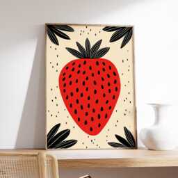 strawberry Poster, Modern Minimalist Fruit Art Print, Bold Red Kitchen Wall Art, Retro Graphic Decor, Scandinavian Food Artwork - thumbnail 2