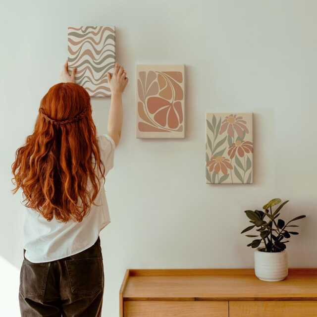 3 Piece Canvas Set - Pastel Flowers & Patterns, Orange Wall Art Large, Plants Decor - image 1