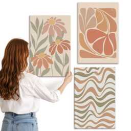 3 Piece Canvas Set - Pastel Flowers & Patterns, Orange Wall Art Large, Plants Decor - thumbnail 3
