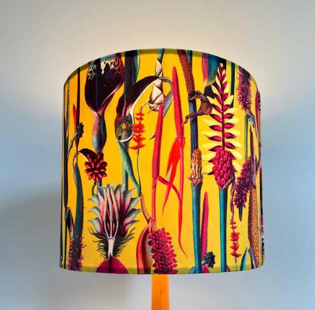 Yellow Botanical Velvet Circular Drum Lampshade/ Ceiling Light Shade, With A White Lining - image 1