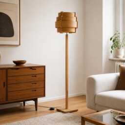 Floor Lamp Retro 60-70 Design Mid Century Cylinder Retro Veneer Wood - thumbnail 2
