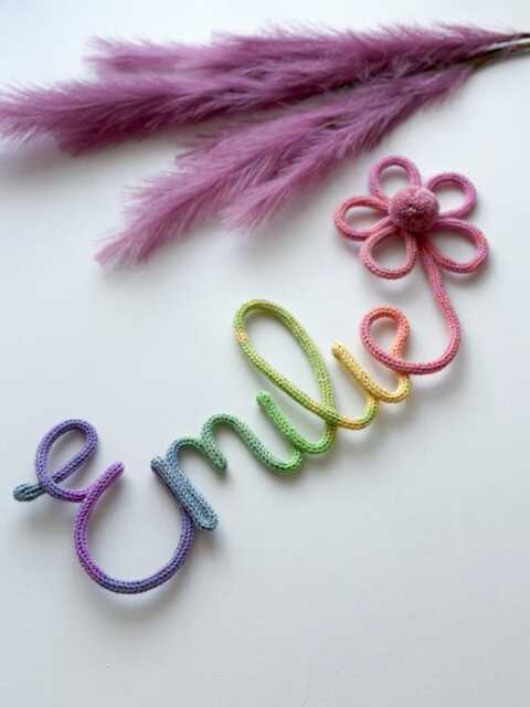 Rainbow Knitted Name Sign Nursery Decor With Flower & Pom-Pom - image 1