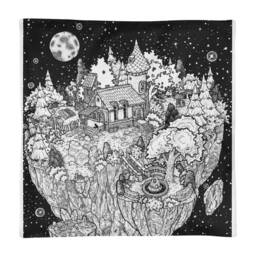 Little Piece Of Heaven Square Pillow Case Only, Pen Ink Illustration, Sky Island, Fantasy House Landscape Plants & Trees, Stars