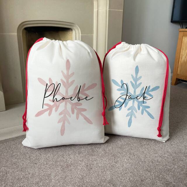 Personalised Linen Christmas Sack - Watercolor Snowflake Design - image 1