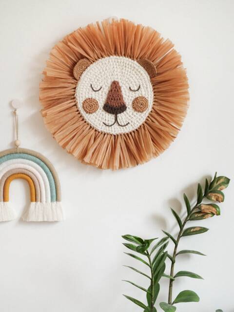 Lion Face Raffia Wall Hanging, Safari Jungle Theme Nursery, Crochet Head Boho Nursery Decor - image 1