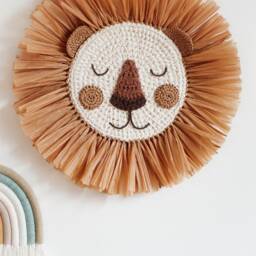 Lion Face Raffia Wall Hanging, Safari Jungle Theme Nursery, Crochet Head Boho Nursery Decor - thumbnail 2