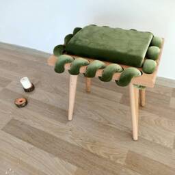 Green Woven Stool, Wooden Stool in Pistachio Cross Wavy Velvet Fabric, Unique Gift, Living Room, Make Up Modern Design Stool - thumbnail 2