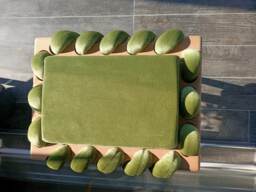 Green Woven Stool, Wooden Stool in Pistachio Cross Wavy Velvet Fabric, Unique Gift, Living Room, Make Up Modern Design Stool