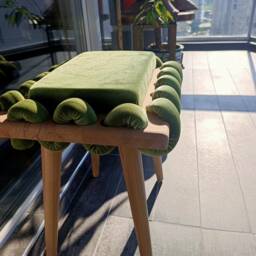 Green Woven Stool, Wooden Stool in Pistachio Cross Wavy Velvet Fabric, Unique Gift, Living Room, Make Up Modern Design Stool - thumbnail 3
