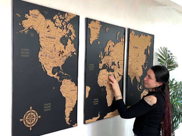 World Map Cork Push Pin Board Travel Wall Art Map, Oak Wood Or Wooden Decor, 3 Panel Feature Art, Gift Anniversary - image 1