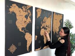 World Map Cork Push Pin Board Travel Wall Art Map, Oak Wood Or Wooden Decor, 3 Panel Feature Art, Gift Anniversary - thumbnail 1