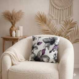 Floral Cushion Cover - Purple & Grey Faux Linen Pillowcase - - 18x18 - thumbnail 1