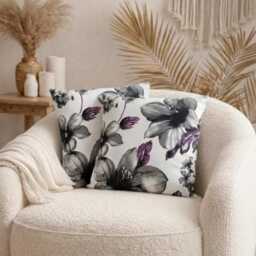 Floral Cushion Cover - Purple & Grey Faux Linen Pillowcase - - 18x18 - thumbnail 2