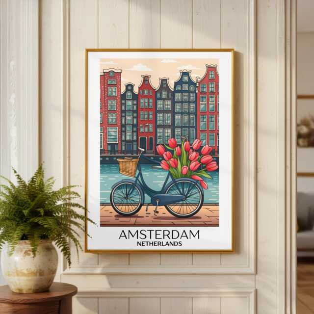 Amsterdam Wall Print, Travel Poster, Colourful Illustration, Europe Kitchen Art, Glossy Print - image 1