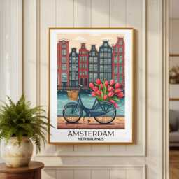 Amsterdam Wall Print, Travel Poster, Colourful Illustration, Europe Kitchen Art, Glossy Print - thumbnail 1