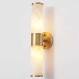 Handcrafted Alabaster Double Brass Wall Sconce With Marble Tube Lamp - Luxury Bathroom Light Fixture Handmade Stone - thumbnail 2