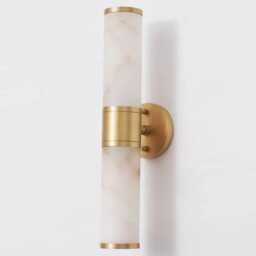 Handcrafted Alabaster Double Brass Wall Sconce With Marble Tube Lamp - Luxury Bathroom Light Fixture Handmade Stone - thumbnail 1