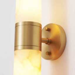 Handcrafted Alabaster Double Brass Wall Sconce With Marble Tube Lamp - Luxury Bathroom Light Fixture Handmade Stone - thumbnail 3