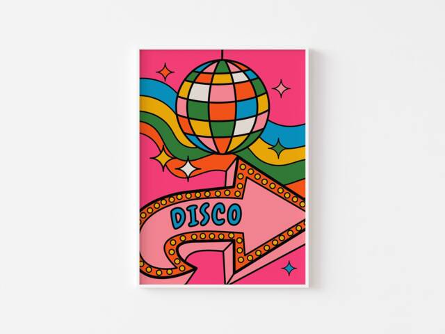 Bright Disco This Way Print - Ball, Pink Disco, Kitchen Arrow, Groovy Funky Colourful Retro Art, Slogan - image 1