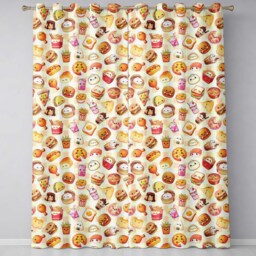 Cute Kawaii Fast Food Snacks Gingham Picnic Beige Background Seamless Pattern Readymade Eyelet Ring Top Thermal 100% Blackout Curtains - thumbnail 2
