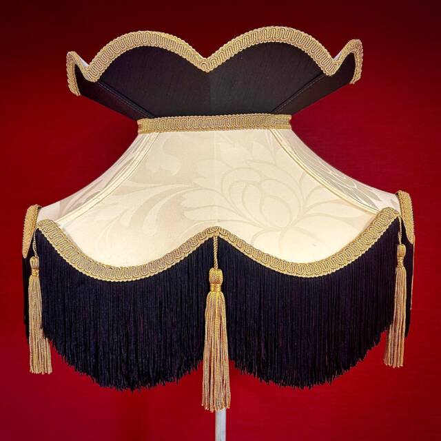 Handmade Victorian Lampshade Black & Cream Floral, Gold Tassel Fringe - image 1