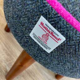 Charcoal Harris Tweed Footstool With Pink Piping & Varnished Dark Wooden Legs - thumbnail 2