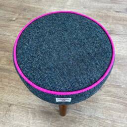 Charcoal Harris Tweed Footstool With Pink Piping & Varnished Dark Wooden Legs - thumbnail 3
