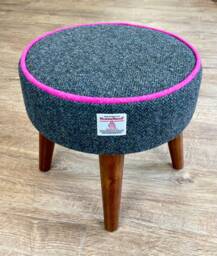 Charcoal Harris Tweed Footstool With Pink Piping & Varnished Dark Wooden Legs - thumbnail 1