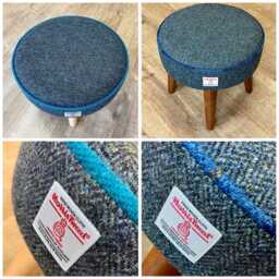 Charcoal Harris Tweed Footstool With Pink Piping & Varnished Dark Wooden Legs - thumbnail 4