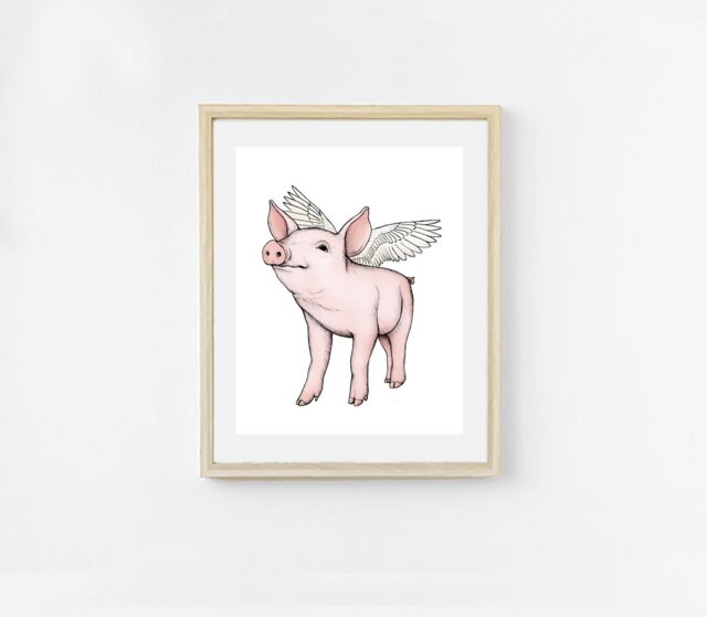 Pig Art Print. Flying Cute Magical Animal. When Pigs Fly. Pink Nursery Art. Farm Animals. Happy Baby Piglet Artwork. Wall - image 1