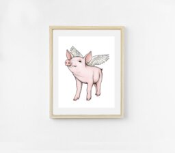 Pig Art Print. Flying Cute Magical Animal. When Pigs Fly. Pink Nursery Art. Farm Animals. Happy Baby Piglet Artwork. Wall - thumbnail 1