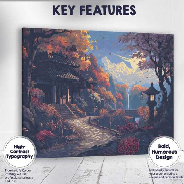 Moonlit Japanese Garden Autumn Temple Landscape Digital Art Canvas Wall Print Decor Picture Ready To Hang - image 1