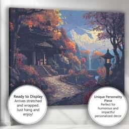 Moonlit Japanese Garden Autumn Temple Landscape Digital Art Canvas Wall Print Decor Picture Ready To Hang - thumbnail 3
